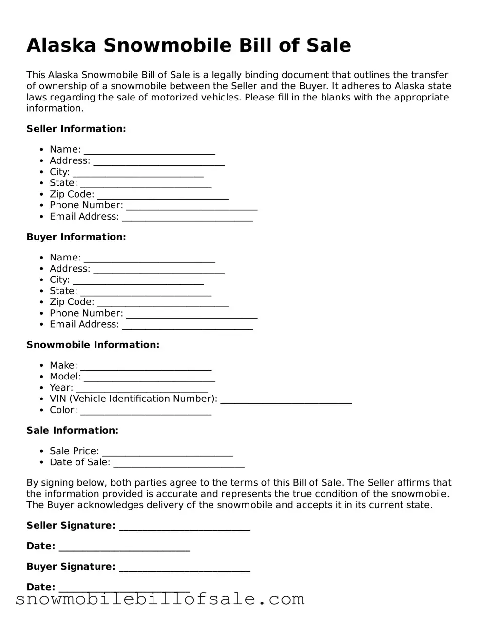  Snowmobile Bill of Sale Document for Alaska