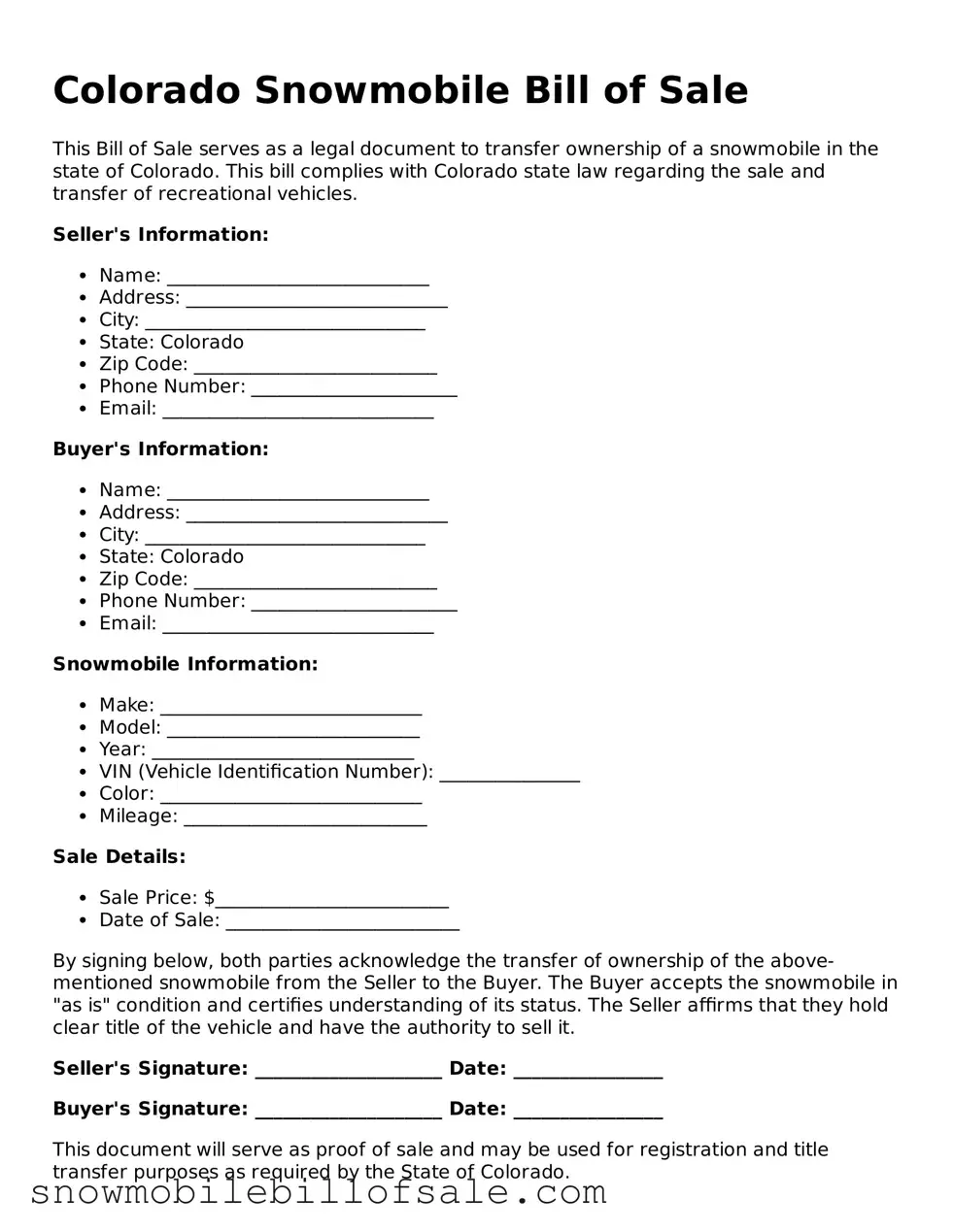  Snowmobile Bill of Sale Document for Colorado