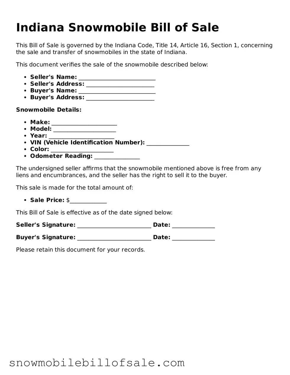  Snowmobile Bill of Sale Document for Indiana