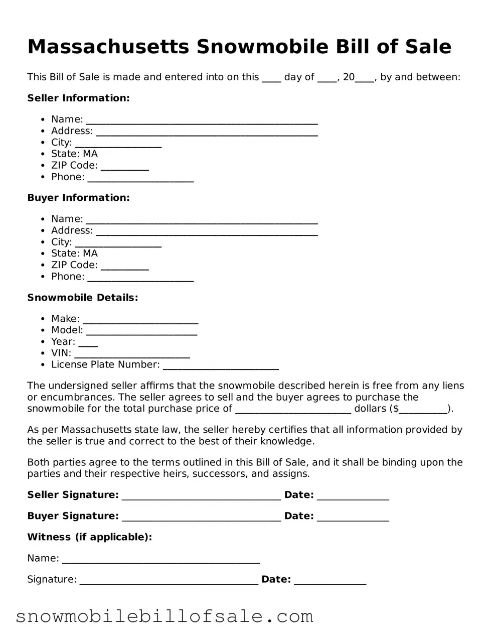  Snowmobile Bill of Sale Document for Massachusetts