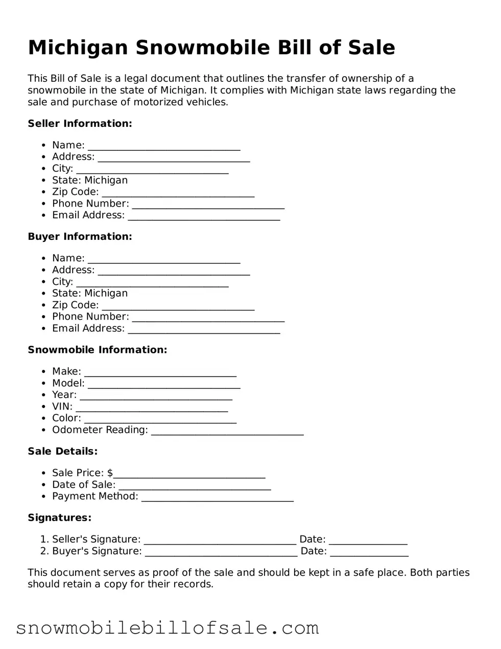  Snowmobile Bill of Sale Document for Michigan