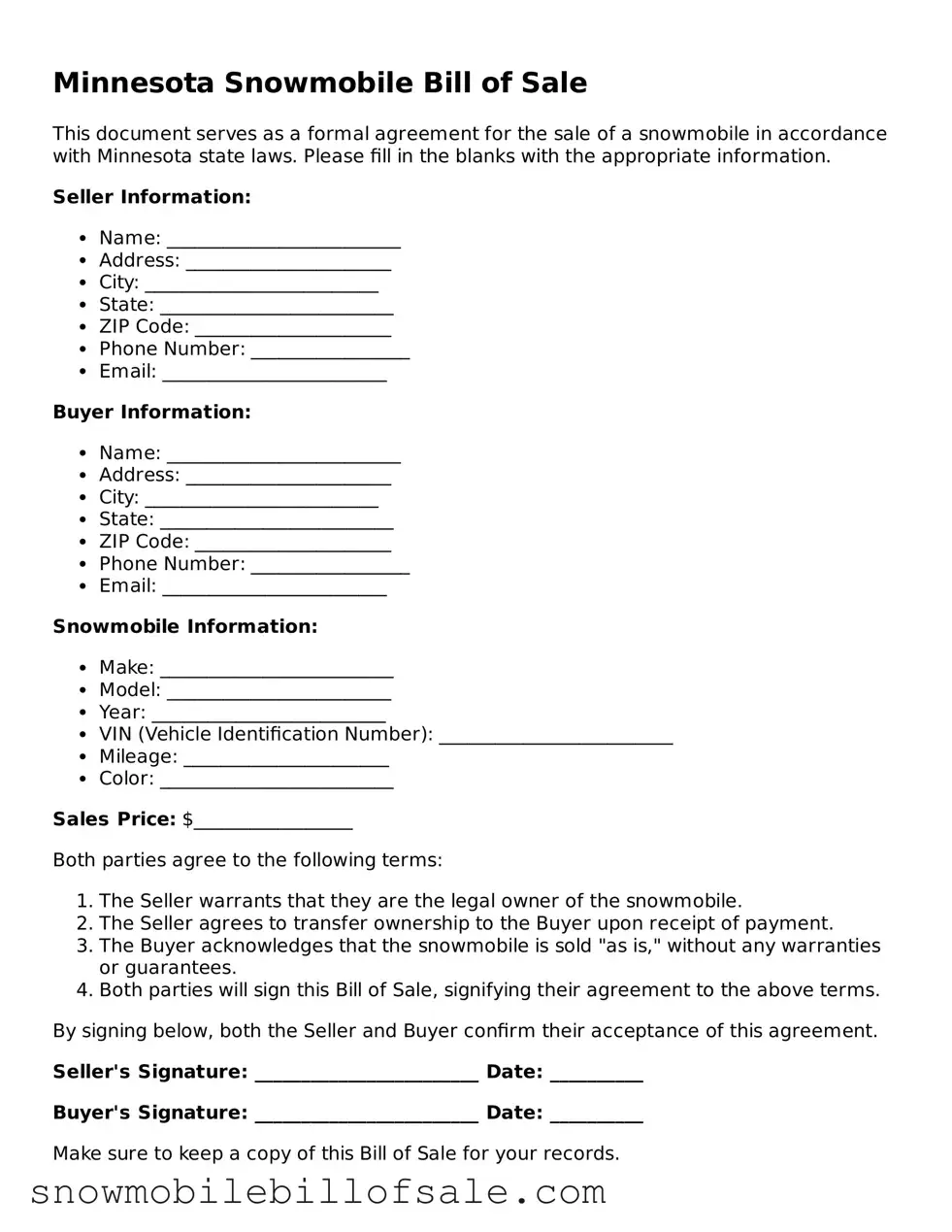  Snowmobile Bill of Sale Document for Minnesota