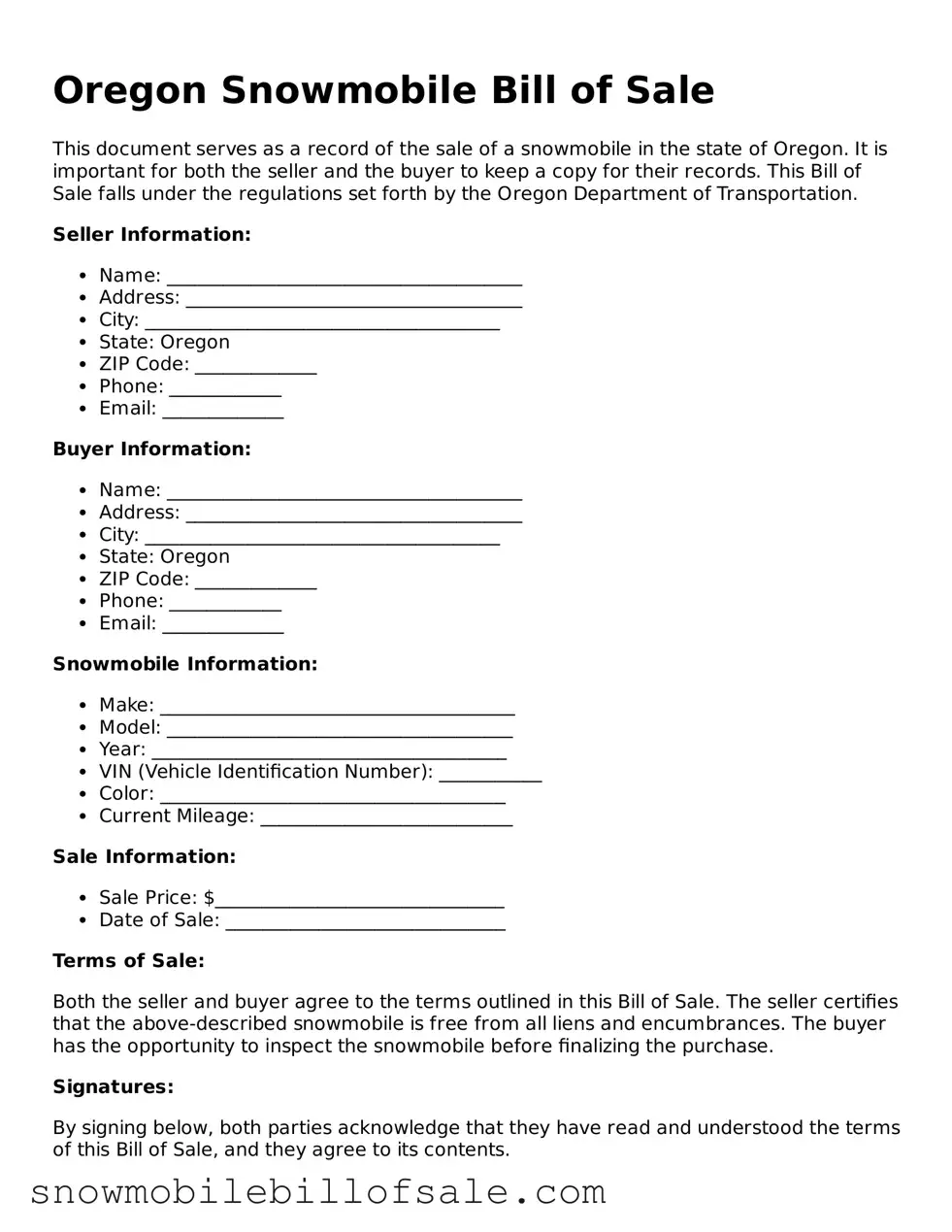  Snowmobile Bill of Sale Document for Oregon