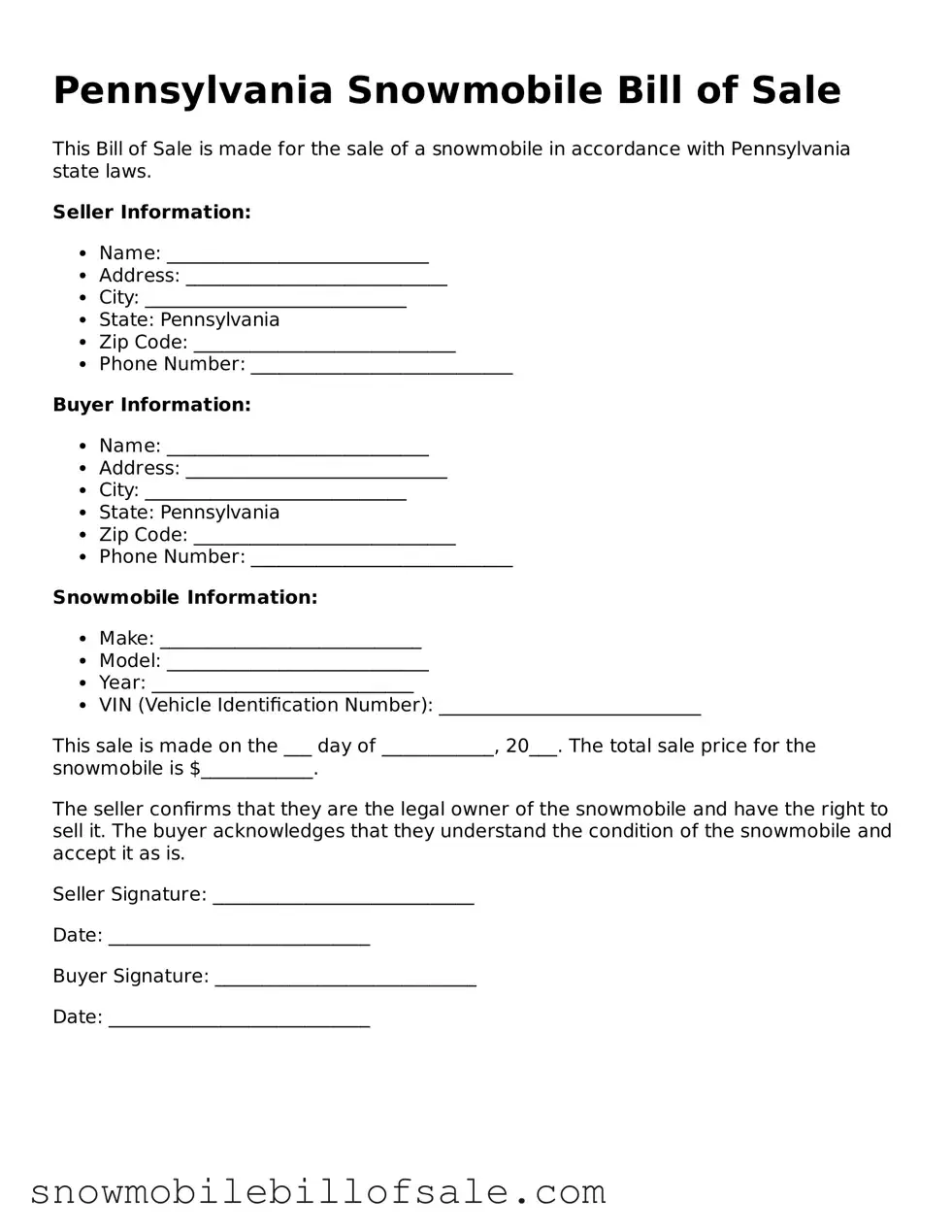  Snowmobile Bill of Sale Document for Pennsylvania