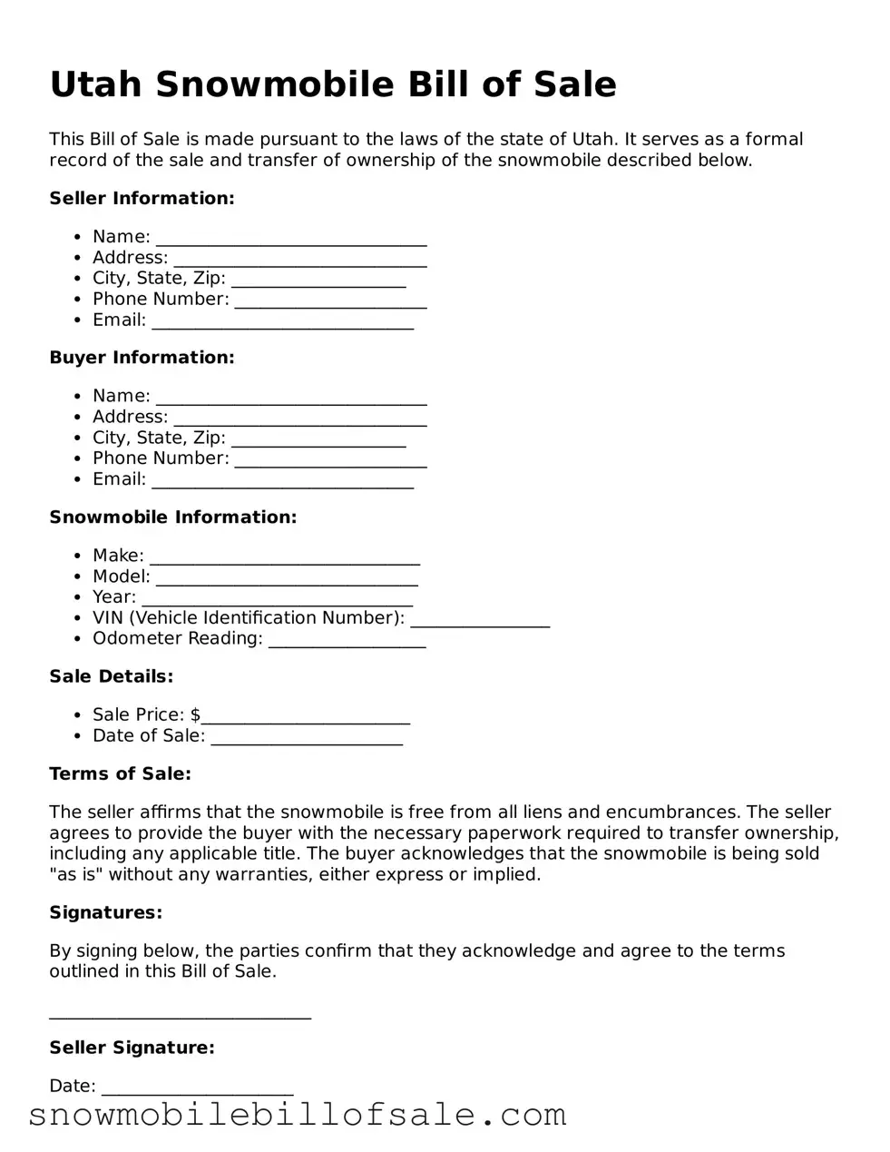  Snowmobile Bill of Sale Document for Utah
