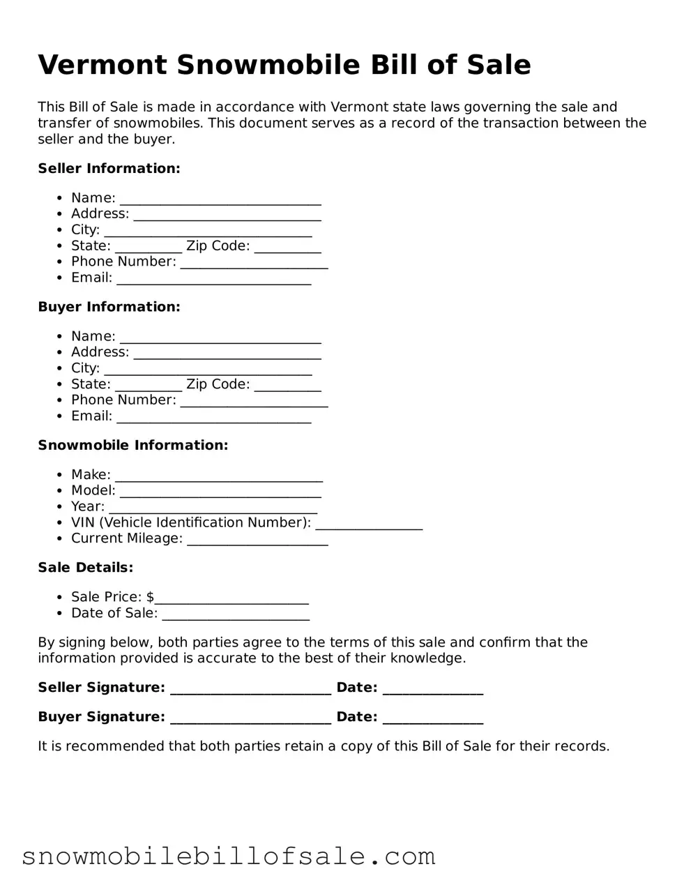 Snowmobile Bill of Sale Document for Vermont