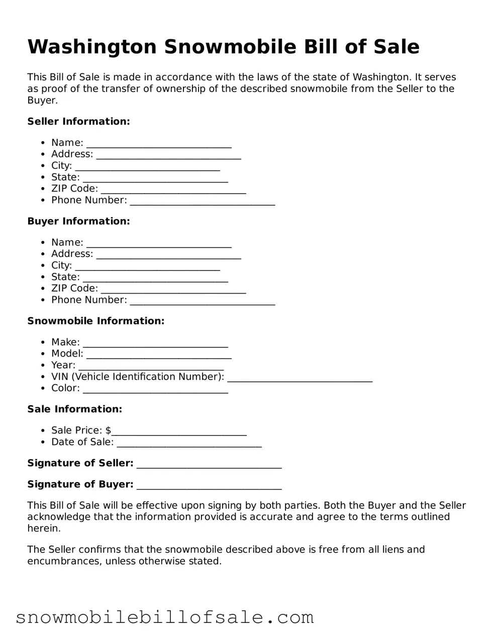  Snowmobile Bill of Sale Document for Washington