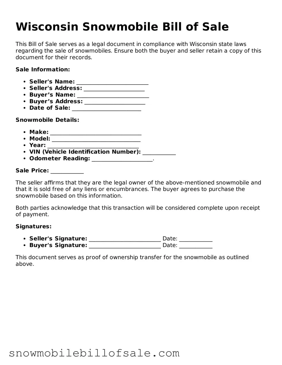  Snowmobile Bill of Sale Document for Wisconsin